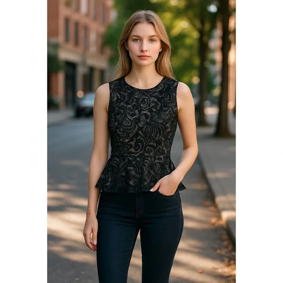 BCBGMAXAZRIA Black Lace Peplum Tank Top Sleeveless Women's Sz M - Picture 6 of 6